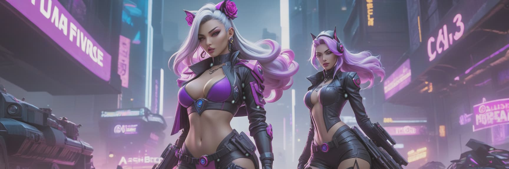  cyberpunk game style League of Legends: Wild Rift, Jinx, Ashe, Syndra, purple violet pink rose black white background, girl, art punk, war in the background, 4K. . neon, dystopian, futuristic, digital, vibrant, detailed, high contrast, reminiscent of cyberpunk genre video games hyperrealistic, full body, detailed clothing, highly detailed, cinematic lighting, stunningly beautiful, intricate, sharp focus, f/1. 8, 85mm, (centered image composition), (professionally color graded), ((bright soft diffused light)), volumetric fog, trending on instagram, trending on tumblr, HDR 4K, 8K