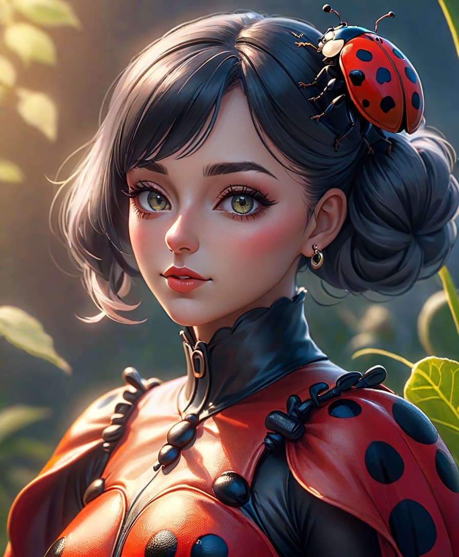  Lady bug hyperrealistic, full body, detailed clothing, highly detailed, cinematic lighting, stunningly beautiful, intricate, sharp focus, f/1. 8, 85mm, (centered image composition), (professionally color graded), ((bright soft diffused light)), volumetric fog, trending on instagram, trending on tumblr, HDR 4K, 8K