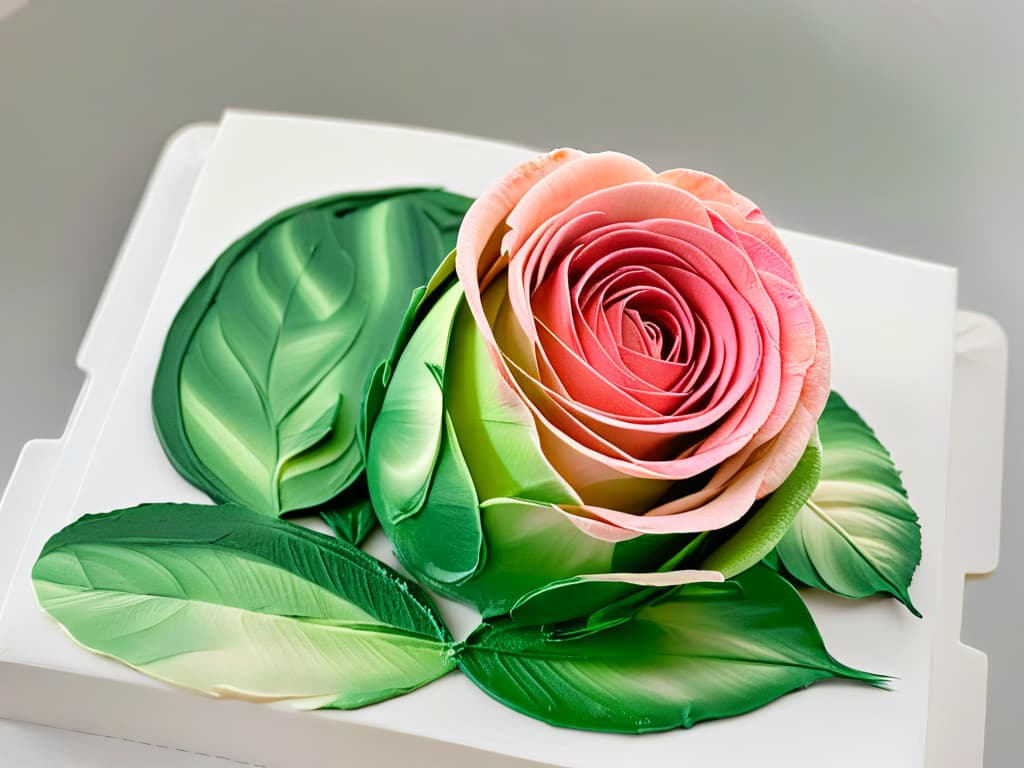  A closeup, ultradetailed image of a delicate rose made entirely out of edible paint strokes, showcasing intricate details like fine brushstrokes and subtle gradients in shades of pink and green. The image conveys a sense of elegance and sophistication, with each petal and leaf meticulously crafted to perfection, creating a visually stunning piece of edible art. hyperrealistic, full body, detailed clothing, highly detailed, cinematic lighting, stunningly beautiful, intricate, sharp focus, f/1. 8, 85mm, (centered image composition), (professionally color graded), ((bright soft diffused light)), volumetric fog, trending on instagram, trending on tumblr, HDR 4K, 8K