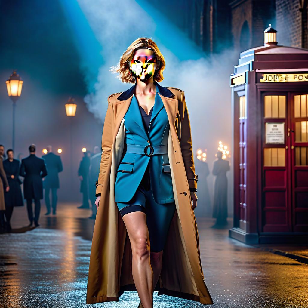  cinematic photo The 13th Doctor, Jodie Whittaker, tall, striptease, long coat, underwear, dance . 35mm photograph, film, bokeh, professional, 4k, highly detailed hyperrealistic, full body, detailed clothing, highly detailed, cinematic lighting, stunningly beautiful, intricate, sharp focus, f/1. 8, 85mm, (centered image composition), (professionally color graded), ((bright soft diffused light)), volumetric fog, trending on instagram, trending on tumblr, HDR 4K, 8K