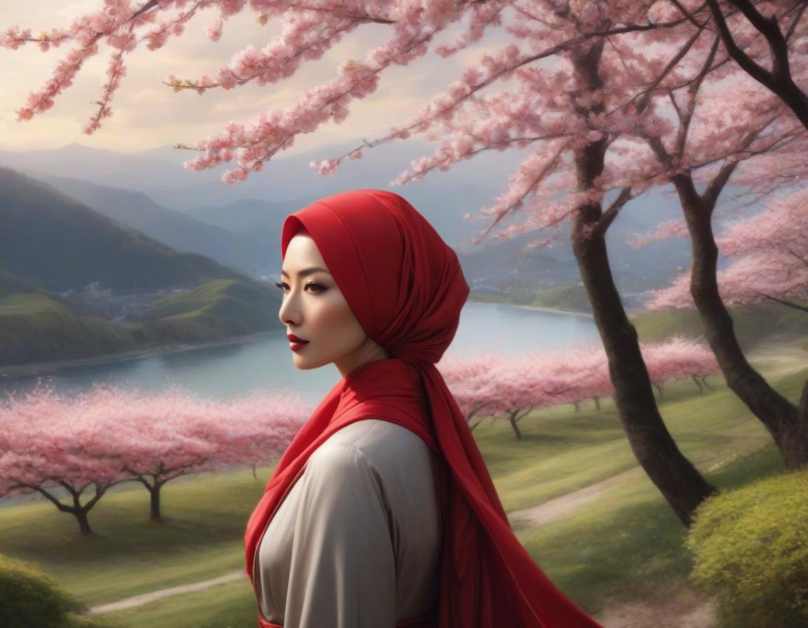  concept art A digital art portrait of a woman with a red headscarf, cherry blossoms in her hair, and serene landscape in the background. . digital artwork, illustrative, painterly, matte painting, highly detailed hyperrealistic, full body, detailed clothing, highly detailed, cinematic lighting, stunningly beautiful, intricate, sharp focus, f/1. 8, 85mm, (centered image composition), (professionally color graded), ((bright soft diffused light)), volumetric fog, trending on instagram, trending on tumblr, HDR 4K, 8K