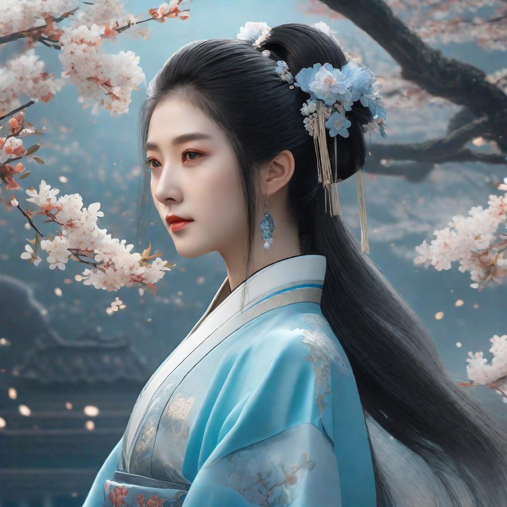  masterpiece, best quality, (Fidelity: 1.4), Best Quality, Masterpiece, Ultra High Resolution, Poster, Fantasy Art, Very Detailed Faces, 8k resolution, Chinese Style, An woman, Side Face, Quiet, Light Blue Hanfu, Tulle Coat, Long Black Hair, Light Blue Fringed Hair Ornament, Hairpin, White Ribbon, White Flower Bush, Light Blue Butterfly Flying, cinematic lighting effects