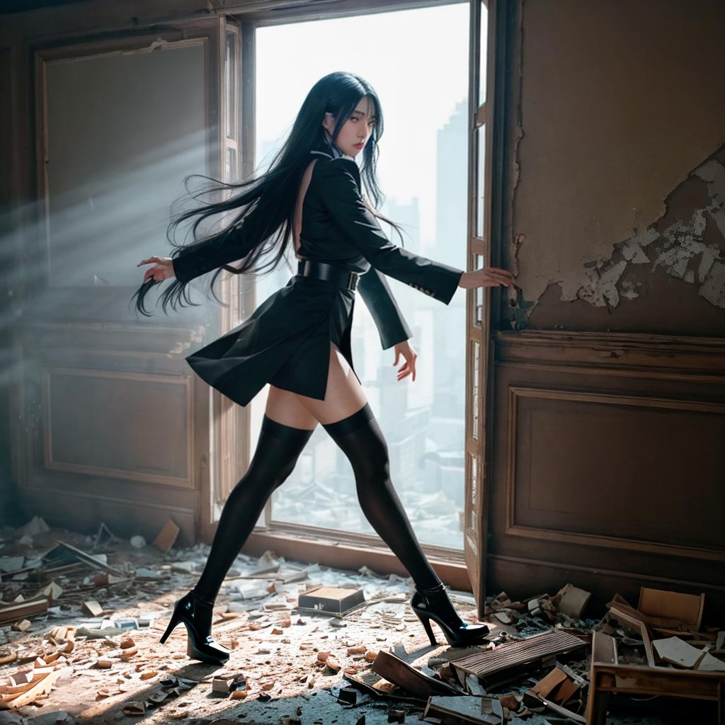  A wearing uniform and black stockings is running through a room with a broken window. beauty asia idol face, beauty face, perfect body, The room appears to be in a state of disrepair, with debris scattered around. The has a determined look on her face as she navigates through the ruined space. There's a scary zombie running behind . hyperrealistic, full body, detailed clothing, highly detailed, cinematic lighting, stunningly beautiful, intricate, sharp focus, f/1. 8, 85mm, (centered image composition), (professionally color graded), ((bright soft diffused light)), volumetric fog, trending on instagram, trending on tumblr, HDR 4K, 8K