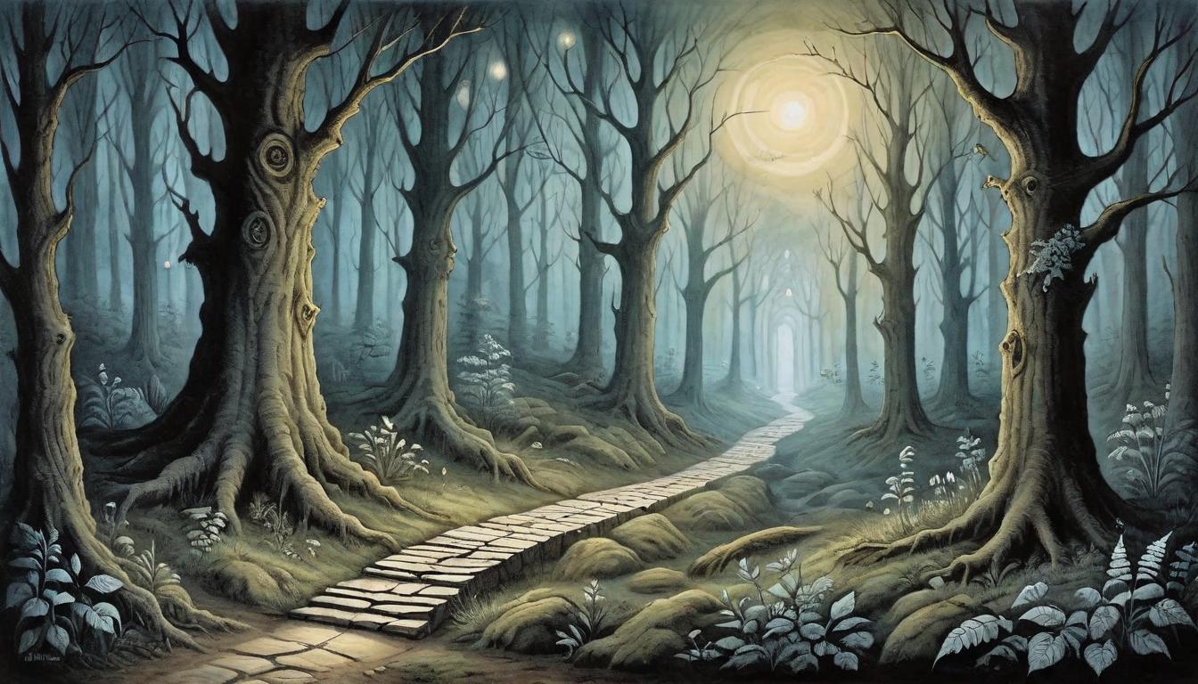  on parchment, surrealism+++, Path through a dark forest with emerging light beams, symbolic journey, changes as stepping stones, enlightening(mysterious, provocative, symbolic,muted color)+++