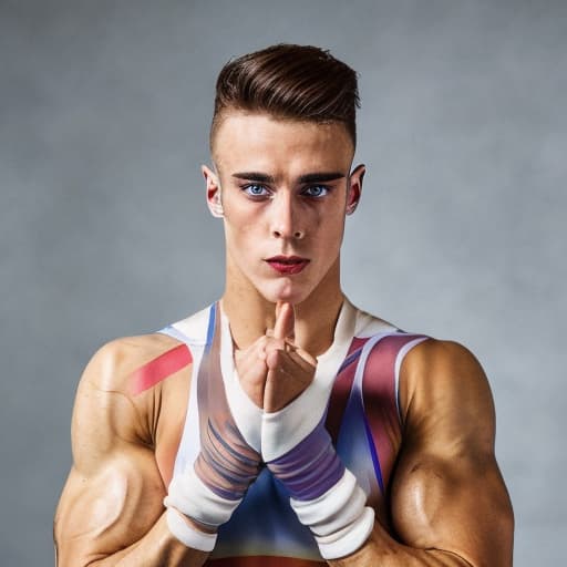 portrait+ style British queer gymnast blonde hunk dude face