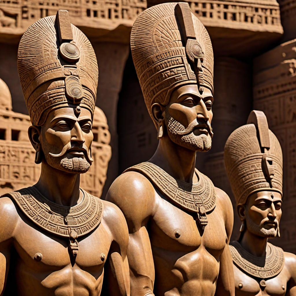  Anunnaki people depicted as tall, humanoid beings with an ancient Mesopotamian or Sumerian look. They have ancient, advanced technology or symbols. The setting includes ancient architecture, like ziggurats or other Mesopotamian structures. hyperrealistic, full body, detailed clothing, highly detailed, cinematic lighting, stunningly beautiful, intricate, sharp focus, f/1. 8, 85mm, (centered image composition), (professionally color graded), ((bright soft diffused light)), volumetric fog, trending on instagram, trending on tumblr, HDR 4K, 8K