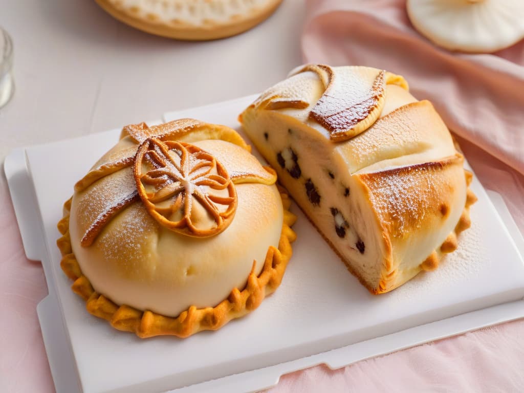  A closeup, highresolution image showcasing a beautifully decorated empanada dulce with intricate, delicate icing designs in pastel colors. The pastry is perfectly goldenbrown, and the decorations are expertly piped, creating an elegant and professional look. The background is simple and clean, emphasizing the precision and artistry of the dessert. hyperrealistic, full body, detailed clothing, highly detailed, cinematic lighting, stunningly beautiful, intricate, sharp focus, f/1. 8, 85mm, (centered image composition), (professionally color graded), ((bright soft diffused light)), volumetric fog, trending on instagram, trending on tumblr, HDR 4K, 8K