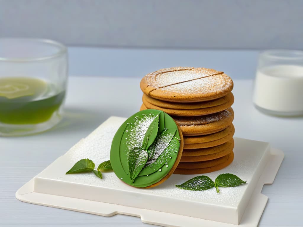  An ultradetailed, highresolution image of a pristine white plate with a stack of delicate, goldenbrown green tea cookies. The cookies are perfectly round, sprinkled with powdered sugar, and have a subtle green hue peeking through. Each cookie is adorned with a single, elegant green tea leaf delicately placed on top, highlighting the unique flavor profile. The plate sits on a sleek, modern marble countertop with soft, diffused natural light gently illuminating the scene, creating a sense of sophistication and culinary artistry. hyperrealistic, full body, detailed clothing, highly detailed, cinematic lighting, stunningly beautiful, intricate, sharp focus, f/1. 8, 85mm, (centered image composition), (professionally color graded), ((bright soft diffused light)), volumetric fog, trending on instagram, trending on tumblr, HDR 4K, 8K