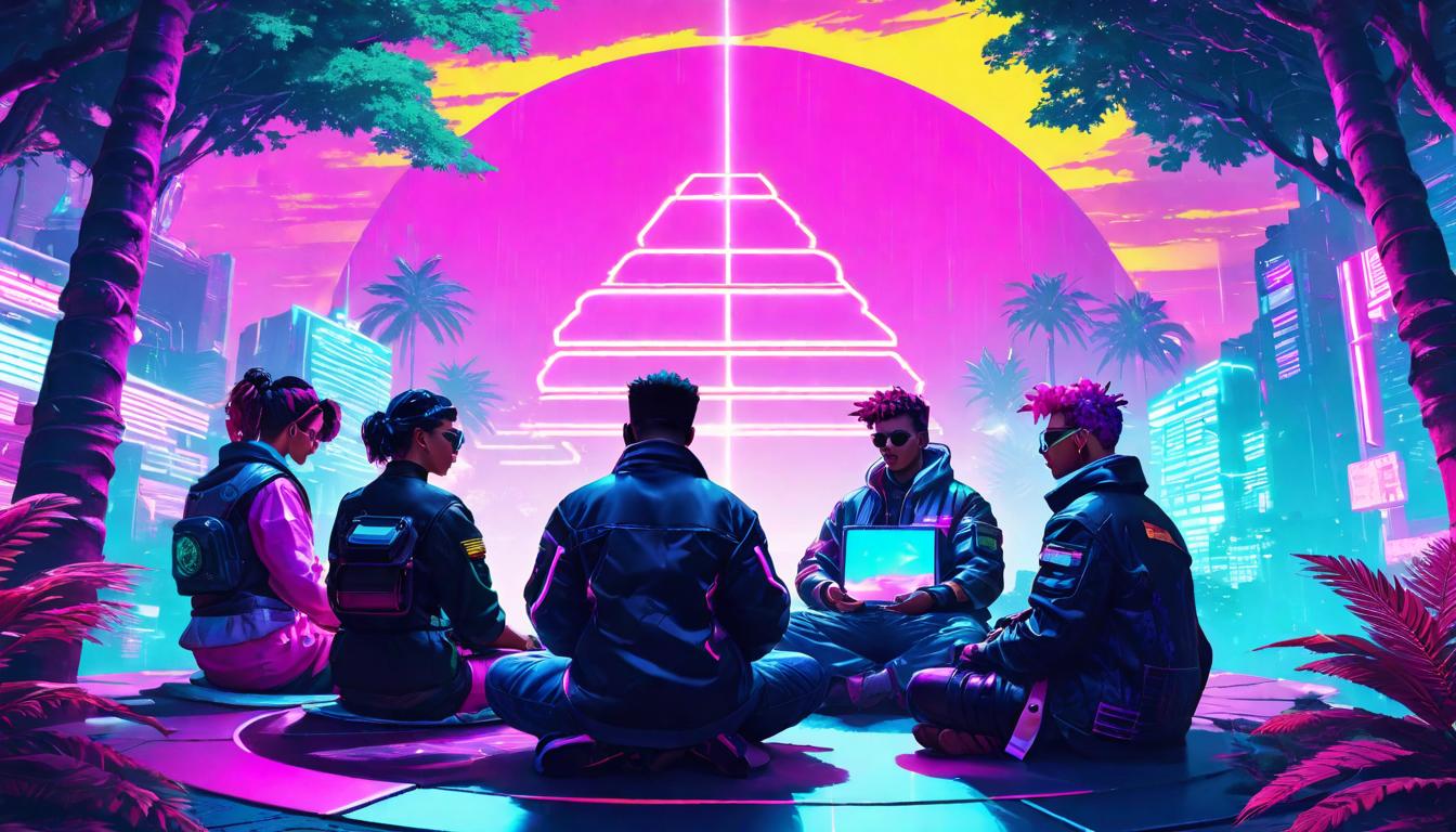  vaporwave,cyberpunk game style Community members sitting in a circle, hands joined, under a tree, fostering spiritual growth, communal harmony, nurturingeon, dystopian, futuristic, digital, vibrant, detailed, high contrast, reminiscent of cyberpunk genre video games,retro aesthetic, cyberpunk, vibrant, neon colors, vintage 80s and 90s style, highly detailed