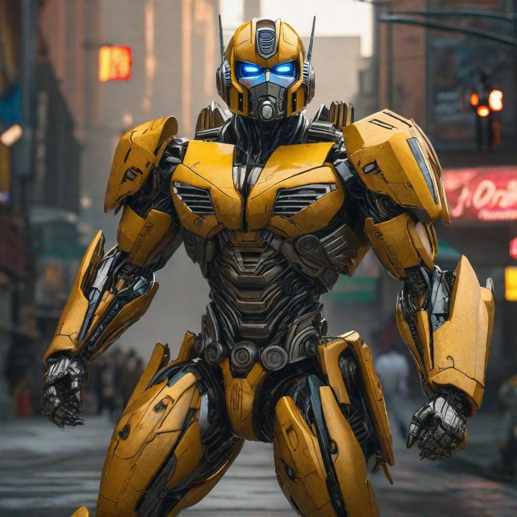  Bumblebee de Transformers como mujer. , realistic, portrait, art by donato giancola and greg rutkowski, realistic face, digital art, trending on artstation hyperrealistic, full body, detailed clothing, highly detailed, cinematic lighting, stunningly beautiful, intricate, sharp focus, f/1. 8, 85mm, (centered image composition), (professionally color graded), ((bright soft diffused light)), volumetric fog, trending on instagram, trending on tumblr, HDR 4K, 8K