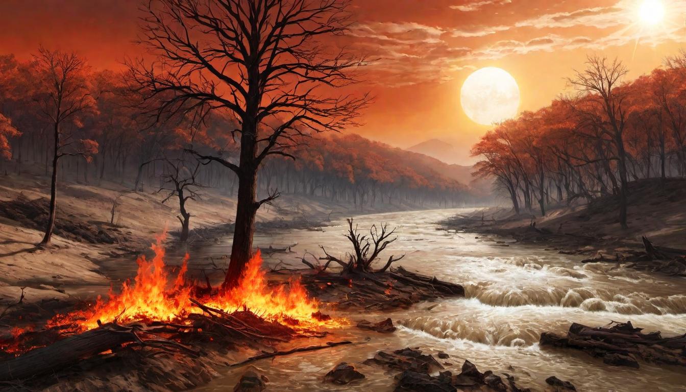  digital illustration Scorched earth and withered trees under a blazing sun, contrasting with a dying river, illustrating climate change and resource depletion, devastating, urgent looking at viewer, dynamic pose, (intricate details, masterpiece, best quality)