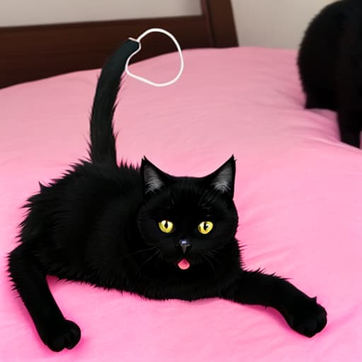  a fat and cute black cat use cell phone on the pink bed