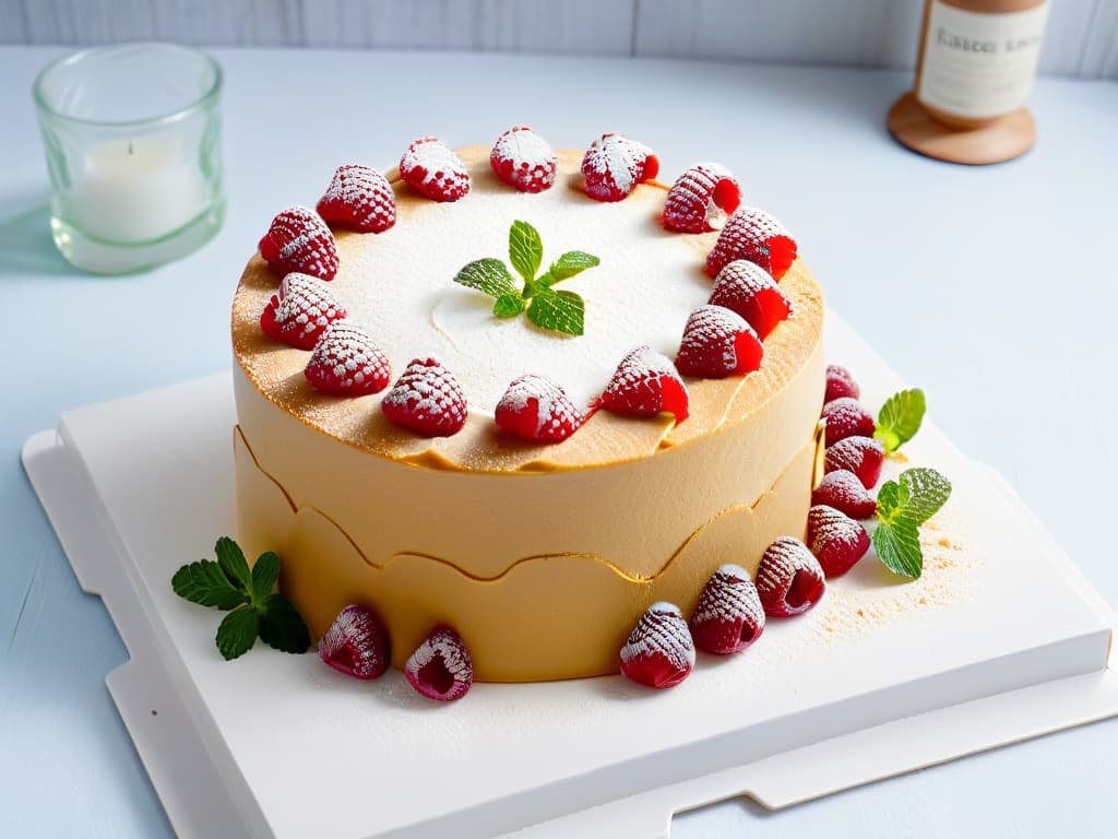  A closeup, ultradetailed image of a perfectly goldenbrown glutenfree almond flour cake, topped with a delicate arrangement of fresh raspberries and mint leaves. The cake sits on a sleek, modern white plate, set against a crisp, minimalist background to emphasize the elegance and simplicity of the dessert. The texture of the cake is visible in stunning clarity, showcasing its moist crumb and inviting aroma, making it a visually striking representation of innovative glutenfree baking. hyperrealistic, full body, detailed clothing, highly detailed, cinematic lighting, stunningly beautiful, intricate, sharp focus, f/1. 8, 85mm, (centered image composition), (professionally color graded), ((bright soft diffused light)), volumetric fog, trending on instagram, trending on tumblr, HDR 4K, 8K