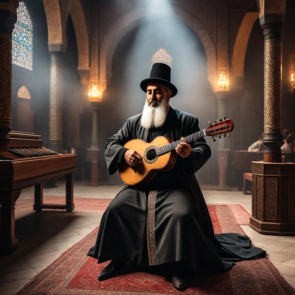  Picture a person whose music list consists of 15% of mevlevi sufi genre, 3% of bozlak genre, 6% of ilahiler genre, 3% of duduk genre, 3% of baglama genre, 6% of turkish instrumental genre, 9% of turk sanat muzigi genre, 15% of ney genre, 6% of sufi chant genre, 33% of turkish classical genre. This person's style should reflect all the music genres he listens to, from more to less, depending on their dominance. hyperrealistic, full body, detailed clothing, highly detailed, cinematic lighting, stunningly beautiful, intricate, sharp focus, f/1. 8, 85mm, (centered image composition), (professionally color graded), ((bright soft diffused light)), volumetric fog, trending on instagram, trending on tumblr, HDR 4K, 8K