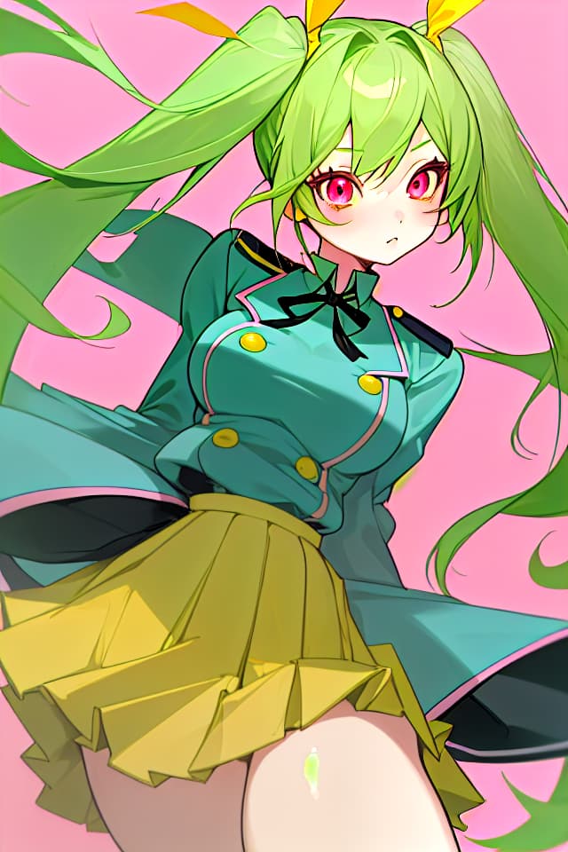  Cute, girl, mature, green hair, twin tails, pink eyes, uniforms, skirts, blue ribbon, yellow uniform