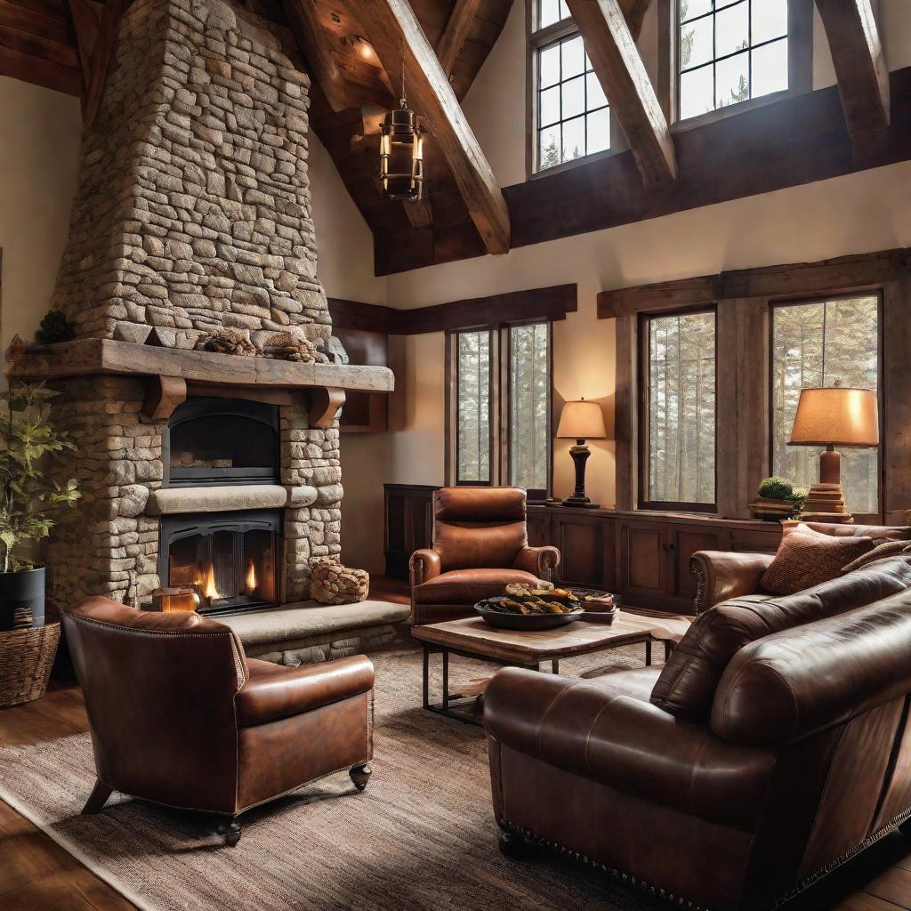   Design a cozy den with exposed wooden beams, a stone fireplace, and leather armchairs for a refined yet rustic feel. 8k, cinematic lighting, HDR