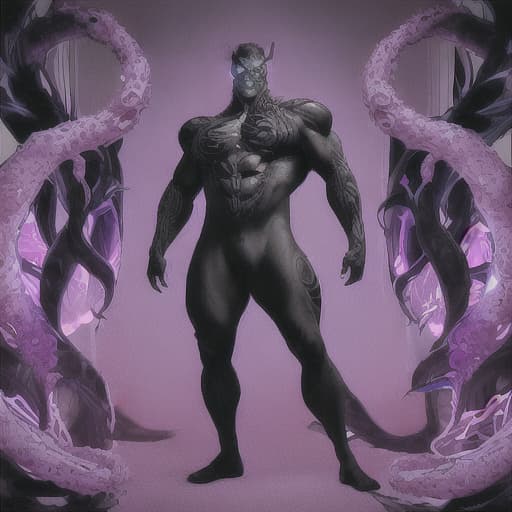  create realistic full body image of A male muscular Villain who possess symbiotic power and powers of darkness manipulation, in infinite  level 
who has a large sowrd of darkness
who has symbiotic tentacles and symbiotic hood
and symbiotic armour