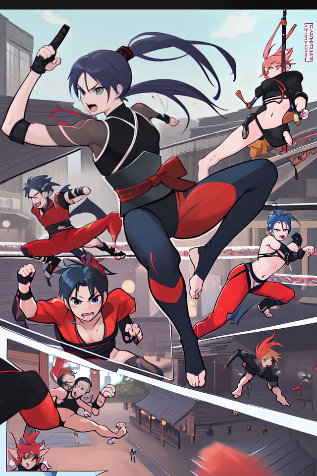  Ninja, acrobatic, fighting in the background, fighting, description to details