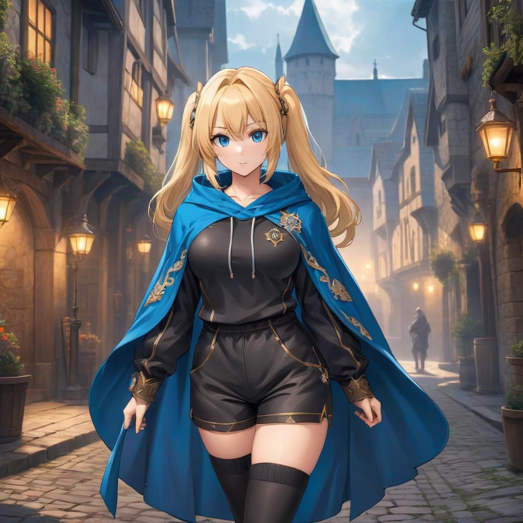  anime artwork a young , with blond hair, a hairstyle with two ponytails, in black medieval shorts and blue hoody cloak, boots, 2d, anime, extremely hyper detailed clothing, (extremely hyper detailed face), (masterpiece:1.4), (perfect eyes:1.1), (deep eyes), curvy body, medieval fantasy . anime style, key visual, vint, studio anime, highly detailed hyperrealistic, full body, detailed clothing, highly detailed, cinematic lighting, stunningly beautiful, intricate, sharp focus, f/1. 8, 85mm, (centered image composition), (professionally color graded), ((bright soft diffused light)), volumetric fog, trending on instagram, trending on tumblr, HDR 4K, 8K