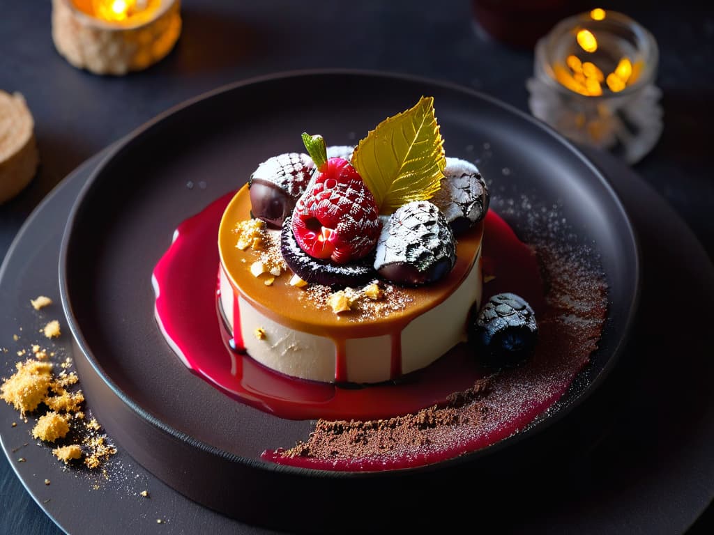  An ultradetailed closeup image of a delicately plated dessert, showcasing intricate details such as fine chocolate shavings, edible gold leaf accents, and vibrant raspberry coulis drizzles. The dessert sits atop a sleek, minimalist white plate, set against a dark backdrop to emphasize its artful presentation. The lighting highlights the textures and colors of the dessert, creating a visually stunning and enticing image that embodies the fusion of graphic design elements with the culinary arts. hyperrealistic, full body, detailed clothing, highly detailed, cinematic lighting, stunningly beautiful, intricate, sharp focus, f/1. 8, 85mm, (centered image composition), (professionally color graded), ((bright soft diffused light)), volumetric fog, trending on instagram, trending on tumblr, HDR 4K, 8K