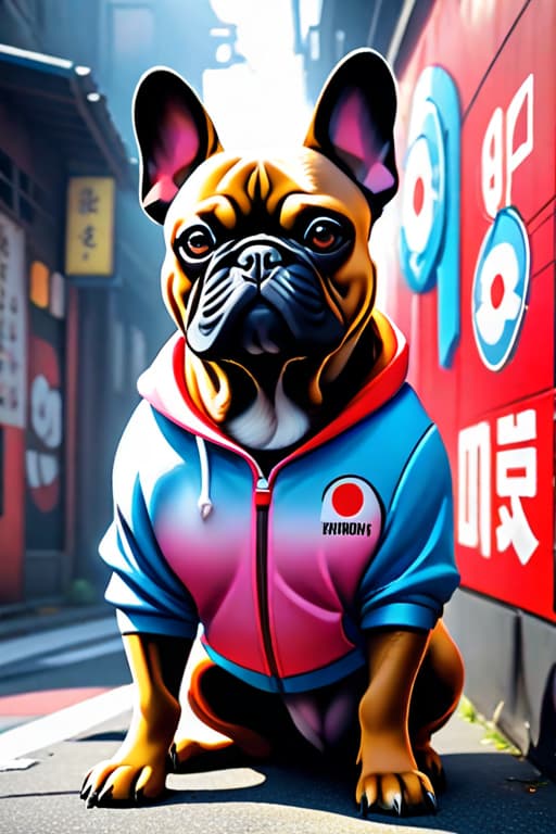  Japan graffiti , French bulldog hyperrealistic, full body, detailed clothing, highly detailed, cinematic lighting, stunningly beautiful, intricate, sharp focus, f/1. 8, 85mm, (centered image composition), (professionally color graded), ((bright soft diffused light)), volumetric fog, trending on instagram, trending on tumblr, HDR 4K, 8K