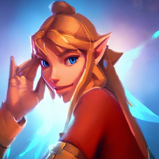 portrait+ style this image but the genie has zelda cosplayer face from breath of the wild face and is enjoying granting my wish via her magic hands