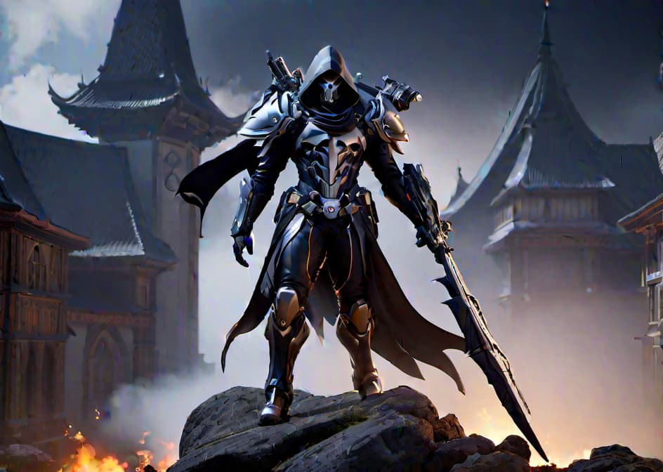  reaper from overwatch, ultra realistic, intricately detailed, cinematic lighting: hyperrealistic, full body, detailed clothing, highly detailed, cinematic lighting, stunningly beautiful, intricate, sharp focus, f/1. 8, 85mm, (centered image composition), (professionally color graded), ((bright soft diffused light)), volumetric fog, trending on instagram, trending on tumblr, HDR 4K, 8K