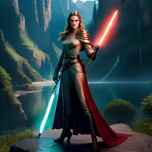  wide shot of Natalie Portman as a Jedi knight holding lazersword posing infront of valley hyperrealistic, full body, detailed clothing, highly detailed, cinematic lighting, stunningly beautiful, intricate, sharp focus, f/1. 8, 85mm, (centered image composition), (professionally color graded), ((bright soft diffused light)), volumetric fog, trending on instagram, trending on tumblr, HDR 4K, 8K