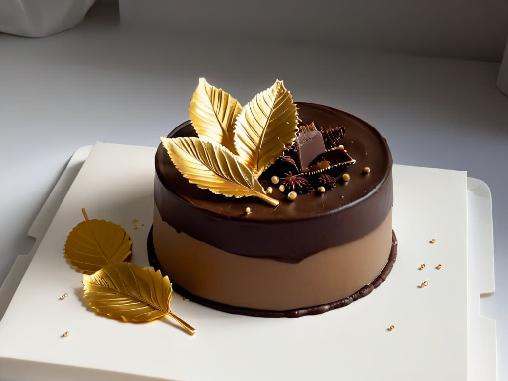  An elegant and minimalistic image of a perfectly sculpted chocolate dessert adorned with delicate gold leaf accents, set against a stark white backdrop. The dessert is a work of art, showcasing intricate details and exquisite craftsmanship, embodying the essence of innovation and creativity in chocolate dessert decoration. hyperrealistic, full body, detailed clothing, highly detailed, cinematic lighting, stunningly beautiful, intricate, sharp focus, f/1. 8, 85mm, (centered image composition), (professionally color graded), ((bright soft diffused light)), volumetric fog, trending on instagram, trending on tumblr, HDR 4K, 8K