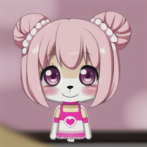  pink. furry. twin bun hair. girl. chibi. cute. kawaii. background cute cosmetics. blurred blush painting. smile cute.