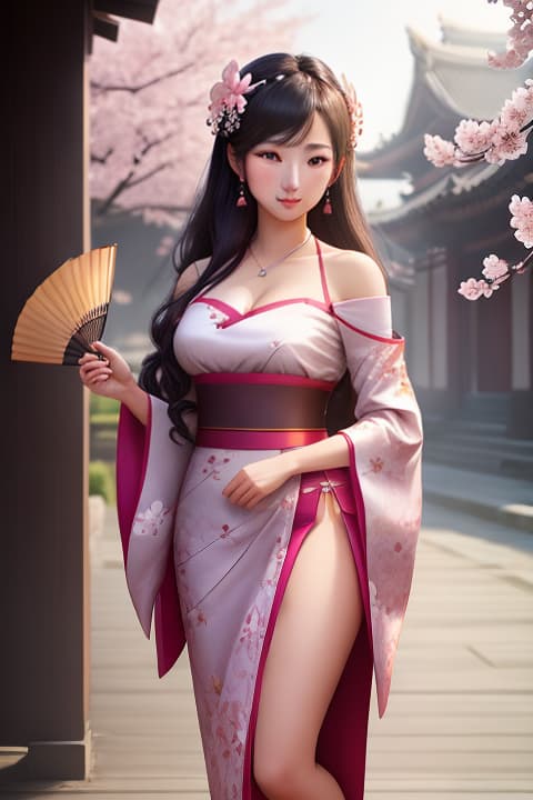  , bare shoulders,  hair, architecture, black eyes, cherry blossoms, geta, east asian architecture, hand fan, flower, cloud, hair ornament, floral print, folding fan, 1, , detailed eyes, hyperrealistic, full body, highly detailed, cinematic lighting, intricate, sharp focus, f/1. 8, 85mm, (centered image composition), (professionally color graded), ((bright soft diffused light)), volumetric fog, trending on instagram, HDR 4K, 8K
