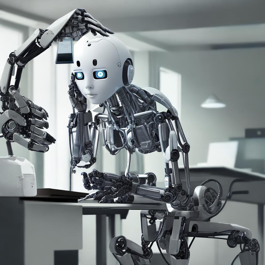 Robot at desk working on computer