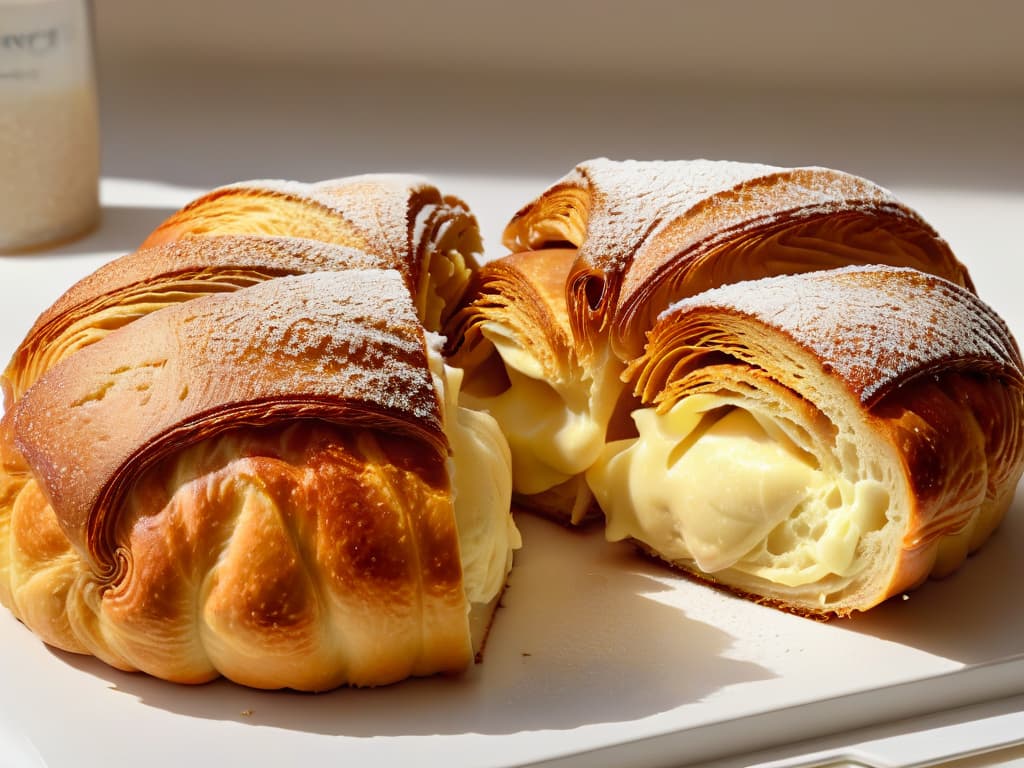  An ultradetailed image depicting a closeup of a perfectly goldenbrown croissant split in half to reveal its fluffy, buttery layers. Each delicate flake shimmers with a hint of steam rising, showcasing the interplay of fats in creating a delectable, airy texture. The lighting highlights the contrast between the crispy exterior and the soft interior, emphasizing the importance of fats in achieving the desired mouthfeel in baked goods. hyperrealistic, full body, detailed clothing, highly detailed, cinematic lighting, stunningly beautiful, intricate, sharp focus, f/1. 8, 85mm, (centered image composition), (professionally color graded), ((bright soft diffused light)), volumetric fog, trending on instagram, trending on tumblr, HDR 4K, 8K