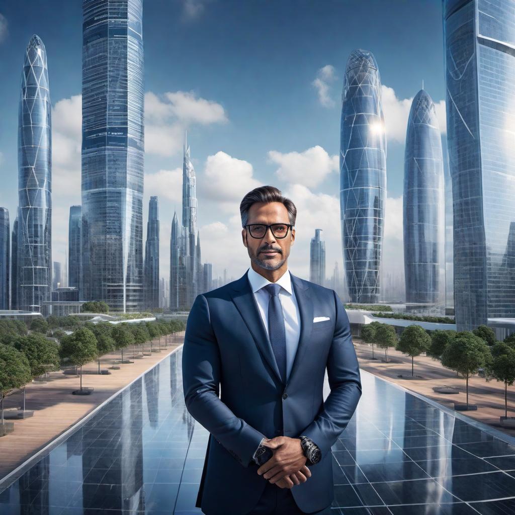  A sleek and professional Instagram Reel cover showing a confident CEO in the field of architectural engineering and artificial intelligence. Visual elements should include blueprints, cloud computing icons, and AI motifs like neural networks and futuristic cityscapes. The image should embody innovation, technology leadership, and sustainable development in architecture. Make sure there is space for text that will feature a caption about AI's integration into architectural engineering, the visionary CEO, and the future of smart cities. hyperrealistic, full body, detailed clothing, highly detailed, cinematic lighting, stunningly beautiful, intricate, sharp focus, f/1. 8, 85mm, (centered image composition), (professionally color graded), ((bright soft diffused light)), volumetric fog, trending on instagram, trending on tumblr, HDR 4K, 8K