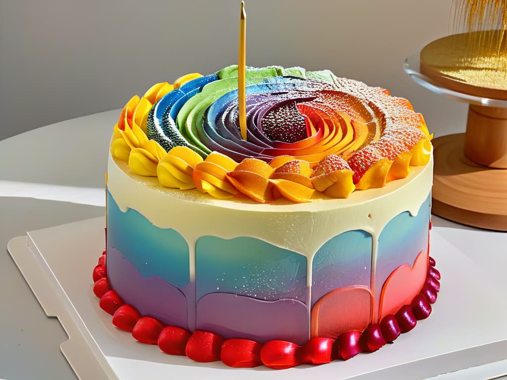  A closeup, ultradetailed image of a vibrant, multilayered rainbow cake, each layer showcasing a different hue of the color spectrum. The cake is topped with a glossy, reflective glaze that accentuates the colors, with a sprinkle of edible gold dust adding a touch of luxury. The lighting is soft and elegant, highlighting the smooth texture and intricate details of the dessert, making it visually appealing and enticing to the viewer's senses. hyperrealistic, full body, detailed clothing, highly detailed, cinematic lighting, stunningly beautiful, intricate, sharp focus, f/1. 8, 85mm, (centered image composition), (professionally color graded), ((bright soft diffused light)), volumetric fog, trending on instagram, trending on tumblr, HDR 4K, 8K