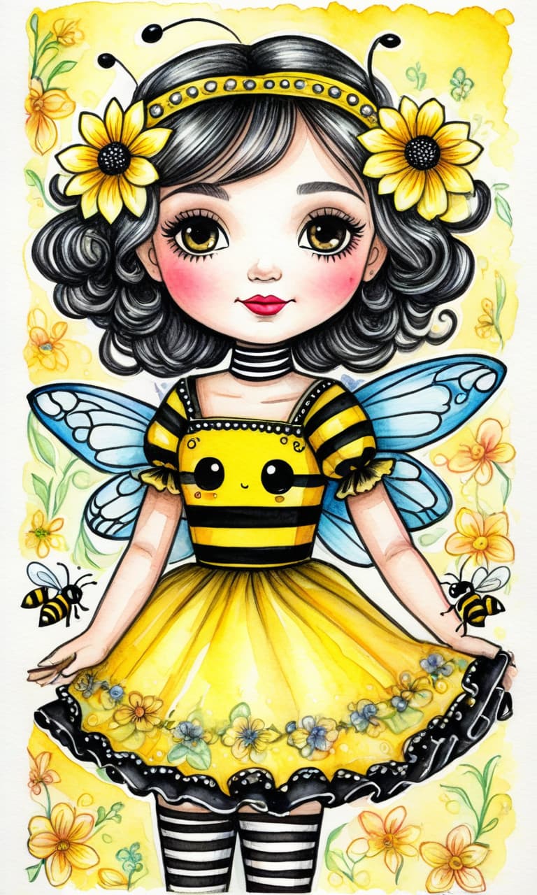  Flat image. Drawing with colored pencils on watercolor paper. Flat, without volume. (Cartoon, poster). Distant plan. Gorjuss doll with chibi elements. In full height. In a cute carnival costume of a bee: black and yellow colors, wings. Charming, cute, optimistic. Frame with expressive, bright floral decoration. Victorian postcard style, inspired by the manner of Susan Woolcott's work. Hyper detailing, high quality. hyperrealistic, full body, detailed clothing, highly detailed, cinematic lighting, stunningly beautiful, intricate, sharp focus, f/1. 8, 85mm, (centered image composition), (professionally color graded), ((bright soft diffused light)), volumetric fog, trending on instagram, trending on tumblr, HDR 4K, 8K