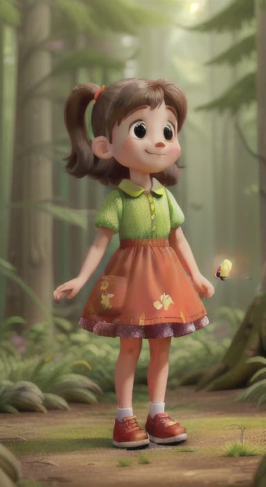  {Lily joyfully skipping into the dense forest, surrounded by tall, majestic pine trees and a carpet of soft, green moss., A young named Lily with brown hair in pigtails, wearing a bright yellow dress with red shoes, and holding a small lantern. She is curious and adventurous.