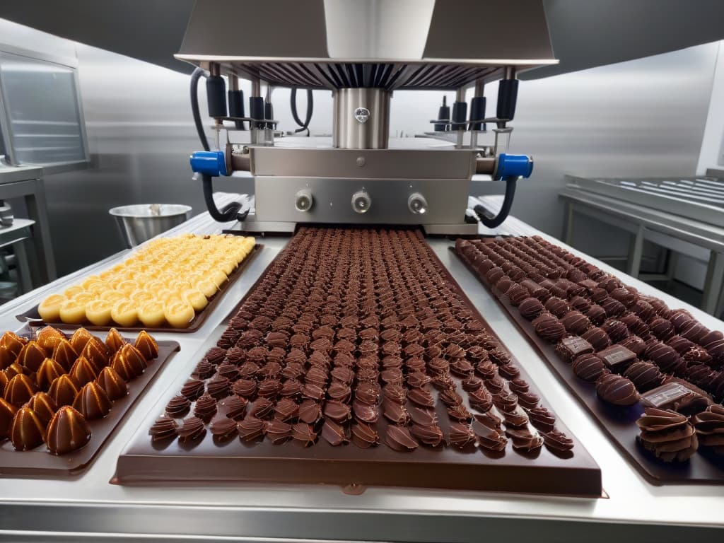  A minimalistic, highresolution image of a sleek, stainless steel chocolate tempering machine surrounded by neatly arranged rows of assorted chocolate molds in various shapes and sizes. The machine is perfectly lit, casting a soft glow on the surrounding tools, highlighting the precision and elegance of professional chocolatemaking equipment. The image conveys a sense of organization, quality, and the meticulous nature of working with chocolate, appealing to those seeking the best tools for their craft. hyperrealistic, full body, detailed clothing, highly detailed, cinematic lighting, stunningly beautiful, intricate, sharp focus, f/1. 8, 85mm, (centered image composition), (professionally color graded), ((bright soft diffused light)), volumetric fog, trending on instagram, trending on tumblr, HDR 4K, 8K