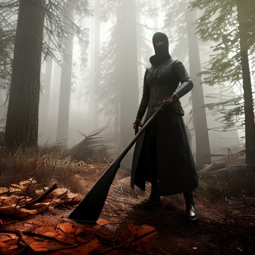 redshift style a hunter wearing all black with a Jacko lantern pumpkin head wearing all black in the woods with a scythe in a fantasy world hyperrealistic, full body, detailed clothing, highly detailed, cinematic lighting, stunningly beautiful, intricate, sharp focus, f/1. 8, 85mm, (centered image composition), (professionally color graded), ((bright soft diffused light)), volumetric fog, trending on instagram, trending on tumblr, HDR 4K, 8K