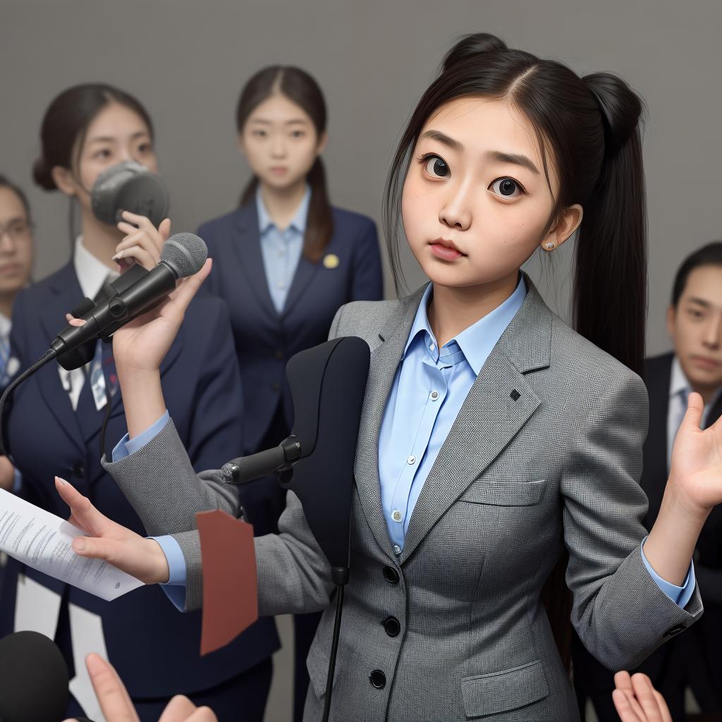  masterpiece, best quality, a girl, ponytails, big eyes, suit Attending an academic forum, speaking, holding documents and microphones Speaking from the podium