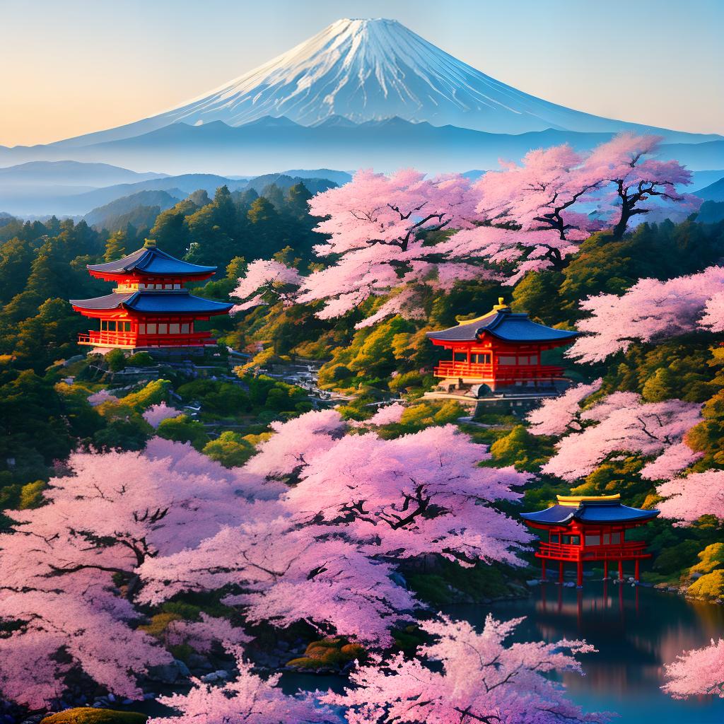  ((masterpiece)),(((best quality))), 8k, high detailed, ultra-detailed. A beautiful Japanese landscape with cherry blossoms in full bloom. (Mount Fuji) standing tall in the distance, surrounded by a serene lake, (traditional wooden houses) scattered along the shoreline, (a small wooden bridge) leading to a tranquil garden, and a (red torii gate) inviting visitors to explore a hidden shrine. The scene is bathed in warm golden sunlight, casting long shadows and creating a peaceful atmosphere. hyperrealistic, full body, detailed clothing, highly detailed, cinematic lighting, stunningly beautiful, intricate, sharp focus, f/1. 8, 85mm, (centered image composition), (professionally color graded), ((bright soft diffused light)), volumetric fog, trending on instagram, trending on tumblr, HDR 4K, 8K