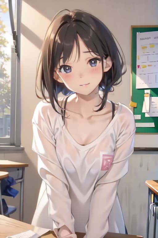  Masterpiece, 1girl, parted lips, blush, makeup, light smile, uniform, classroom, light rays, glow,, collarbone, narrow waist, (masterpiece), wallpaper, sheer shirt, uncensored,bent over table showing round