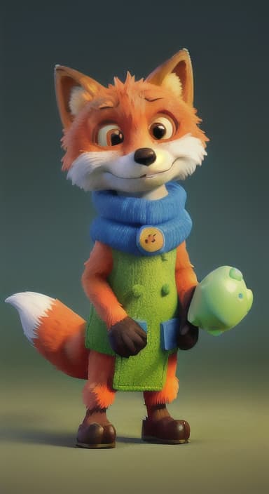  {Error the fox pressing the blue button with his paw, looking puzzled as nothing occurs., Error is a small, bright orange fox with a fluffy tail and big, inquisitive eyes. He has a mischievous yet kind expression and wears a tiny green scarf.