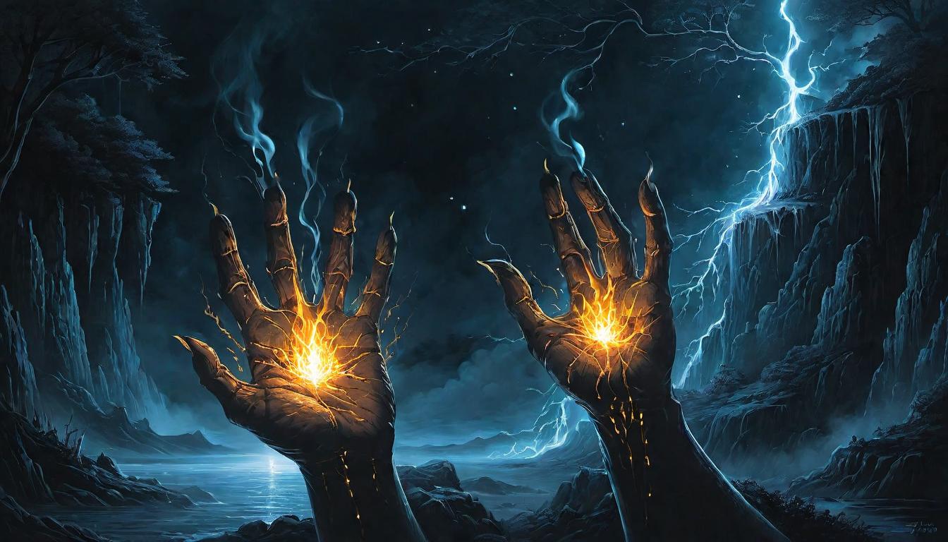  （surrealism)An eerie depiction of an ethereal hand, wisps of energy being drained from a radiant human form, fingers like tendrils, vibrant energy being leeched away, ghostly, leeching mystic, intricate details, best quality)