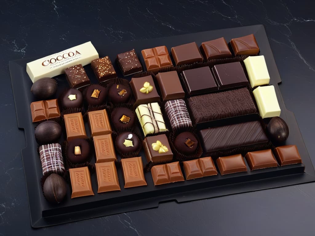  An ultradetailed image of a luxurious spread of various types of chocolate bars and cocoa beans on a sleek, black marble surface. The arrangement includes dark, milk, and white chocolates, each with intricate patterns and embossments, with some broken to reveal the rich, smooth texture inside. The cocoa beans are scattered around elegantly, showcasing their raw beauty and connection to the chocolatemaking process. The lighting is soft, casting gentle shadows that enhance the depth and richness of the chocolates, creating a visually stunning and sophisticated composition. hyperrealistic, full body, detailed clothing, highly detailed, cinematic lighting, stunningly beautiful, intricate, sharp focus, f/1. 8, 85mm, (centered image composition), (professionally color graded), ((bright soft diffused light)), volumetric fog, trending on instagram, trending on tumblr, HDR 4K, 8K