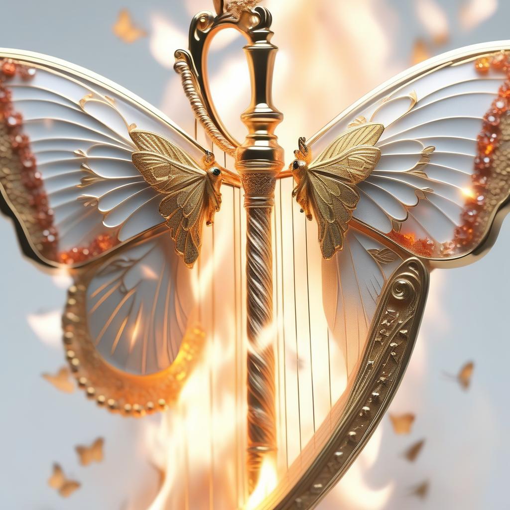  Moth, neclace, harp, love, fire, white background, high quality, highly detailed, sharp focus, 4K, 8K