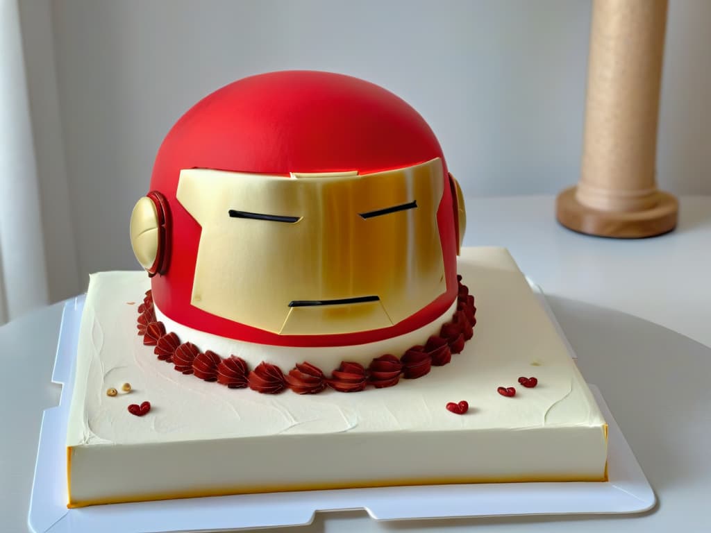  An ultradetailed, 8k resolution image of a sleek, minimalist Iron Manthemed cake in the shape of the iconic red and gold Iron Man helmet. The cake is perfectly sculpted with intricate details like glowing eyes, metallic sheen, and precise lines, showcasing a professional and inspiring design for Marvel fans looking to create their own superheroinspired cake. hyperrealistic, full body, detailed clothing, highly detailed, cinematic lighting, stunningly beautiful, intricate, sharp focus, f/1. 8, 85mm, (centered image composition), (professionally color graded), ((bright soft diffused light)), volumetric fog, trending on instagram, trending on tumblr, HDR 4K, 8K