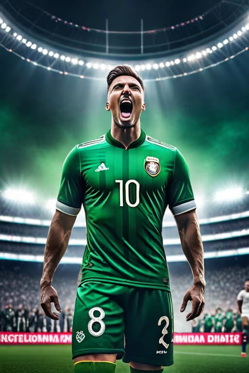  Male soccer Player with black green white shirt and short hair. The sign on his jersey is an eagle. In the middle of an stadium celebrating with trophy. Crowd is cheering and swinging flags. A lighting is in the background hyperrealistic, full body, detailed clothing, highly detailed, cinematic lighting, stunningly beautiful, intricate, sharp focus, f/1. 8, 85mm, (centered image composition), (professionally color graded), ((bright soft diffused light)), volumetric fog, trending on instagram, trending on tumblr, HDR 4K, 8K