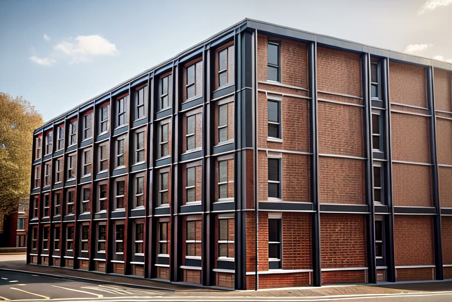  a red brick building, modern and elegant, contemporary, in a busy street of London, The image is captured with an 8k camera and edited using the latest digital tools to produce a flawless final result.,ADVERTISING PHOTO,high quality,good proportion,masterpiece 