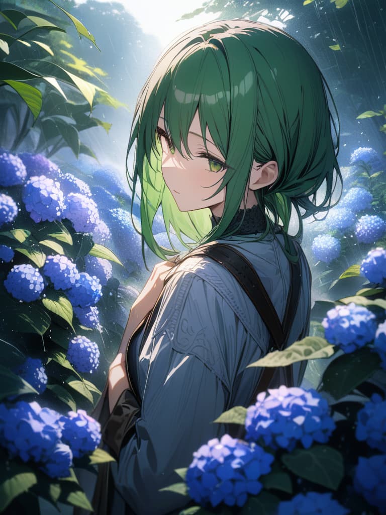  Green hair character staring at the hydrangea in the rain, masterpiece, best quality,8k,ultra detailed,high resolution,an extremely delicate and beautiful,hyper detail